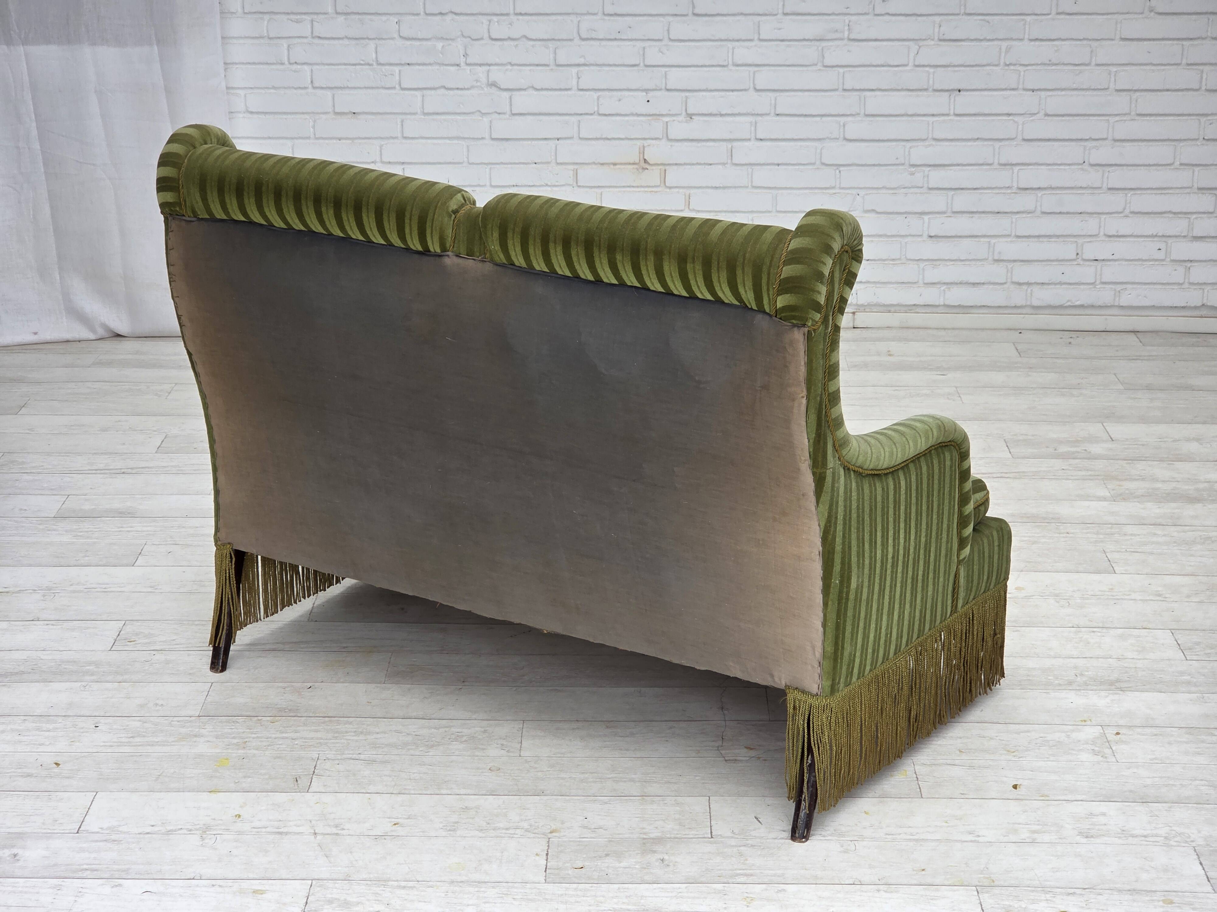 1950s, Danish 2-seater sofa, green furniture velour, beech wood.