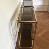 Pair of consoles brass shelves and smoked glass design Roche Bobois