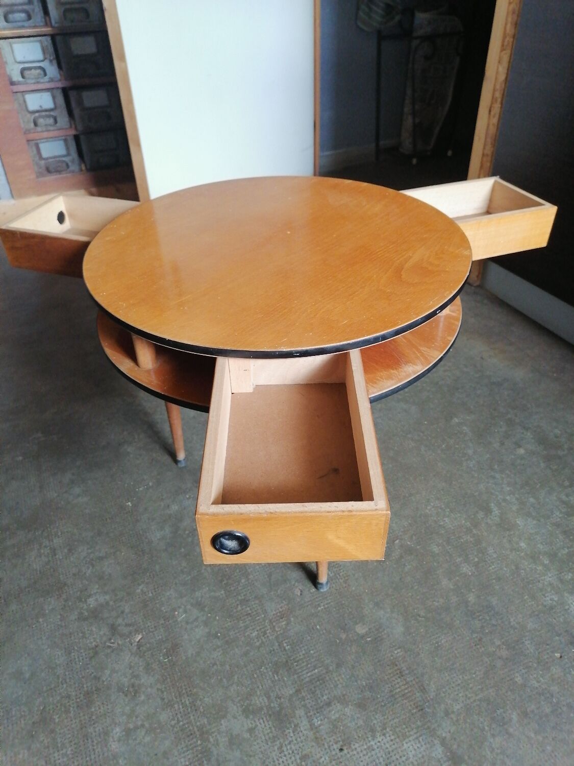 Side table, round work table in Scandinavian style, 1960.