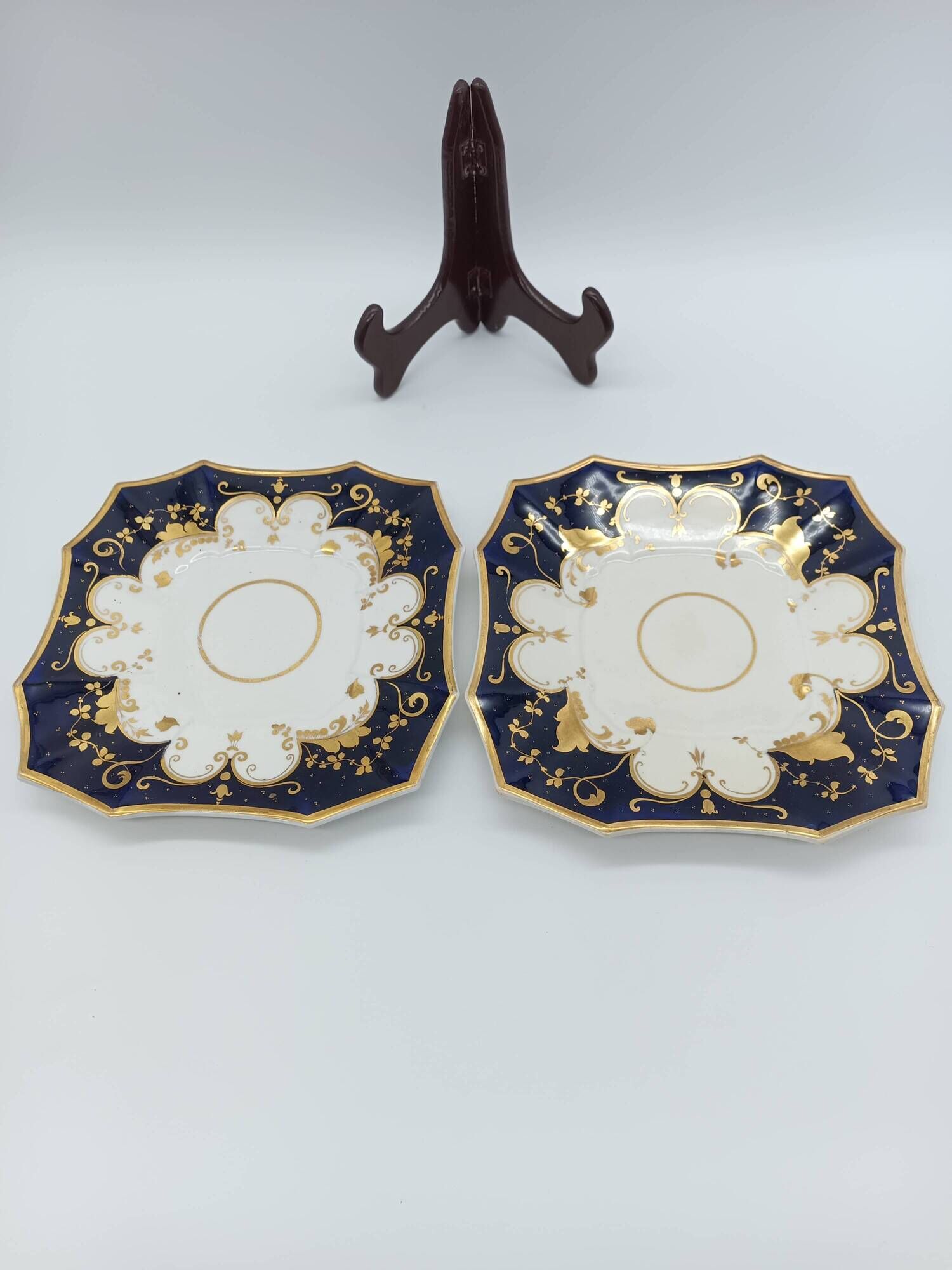 Pair of Square Plates Porcelain from Paris Cobalt and Gold Empire Style