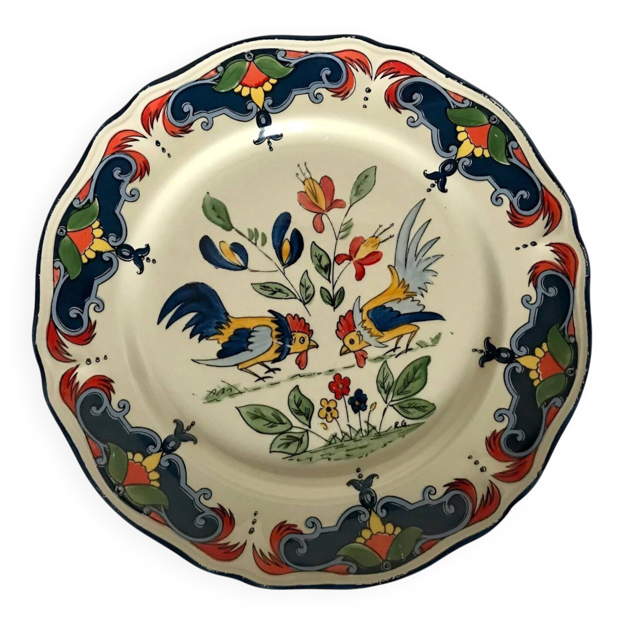 Ancienne assiette faïence Orchies décor coqs XXème