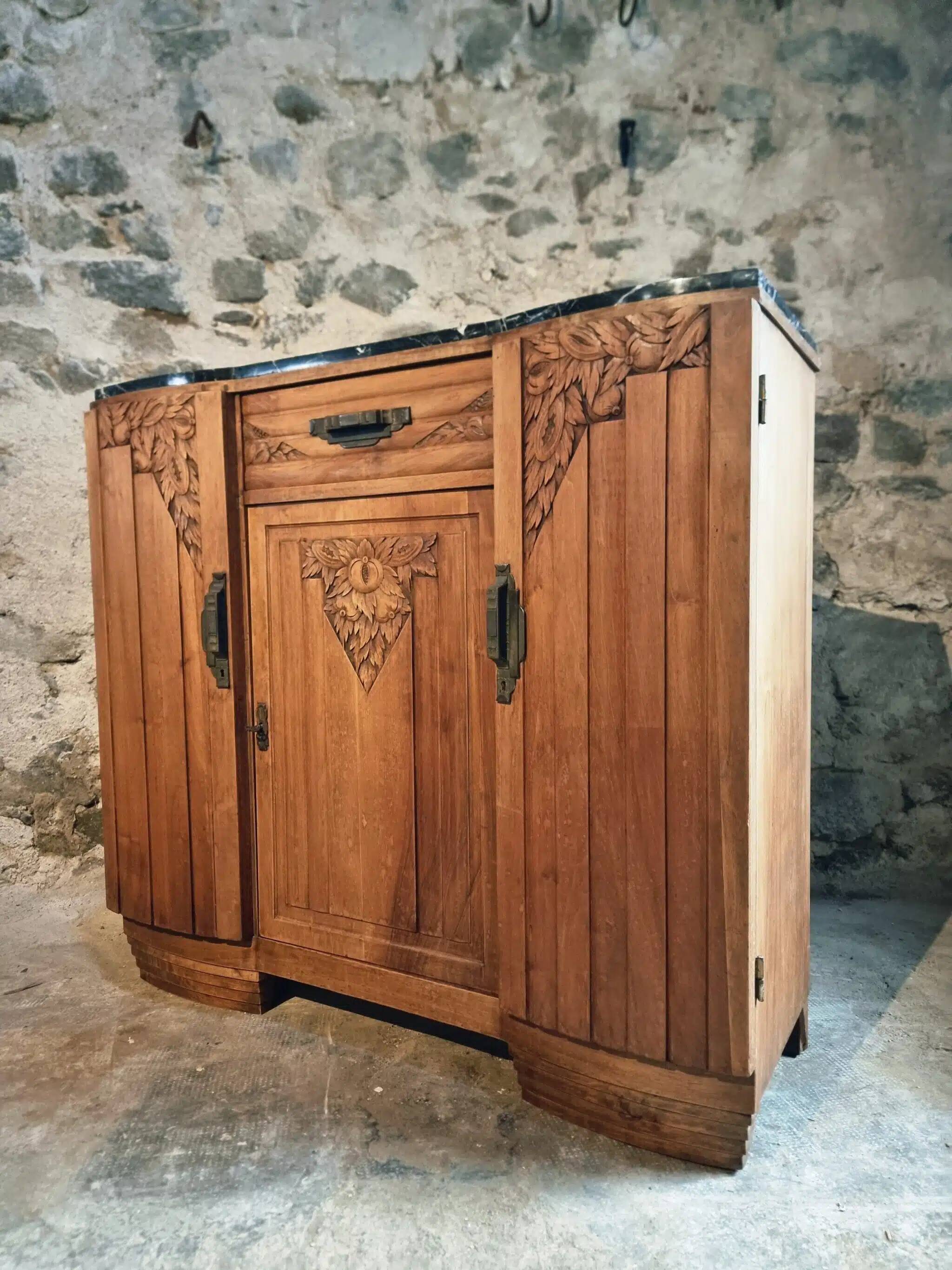 French Art Deco walnut sideboard with marble top, 1920s