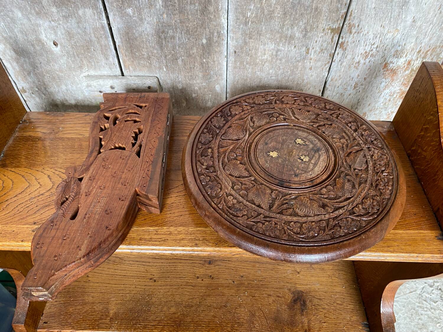 Antique tripod coffee table carved wood & brass inlaid india vintage