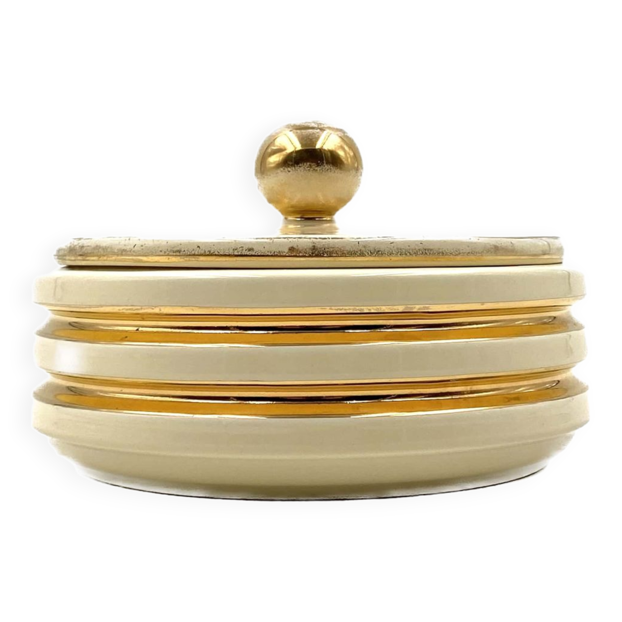 Jean Robj, Art Deco white and gold ceramic box, Robj Paris, France 1930s