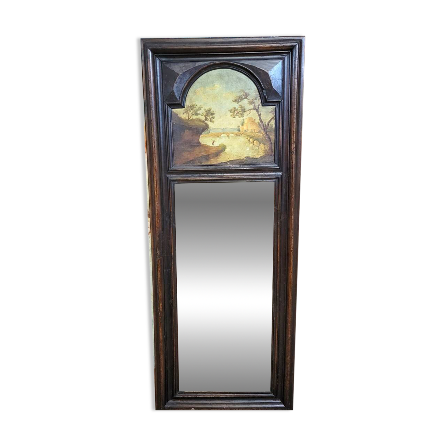 Large trumeau in natural wood with oil painting on panel.