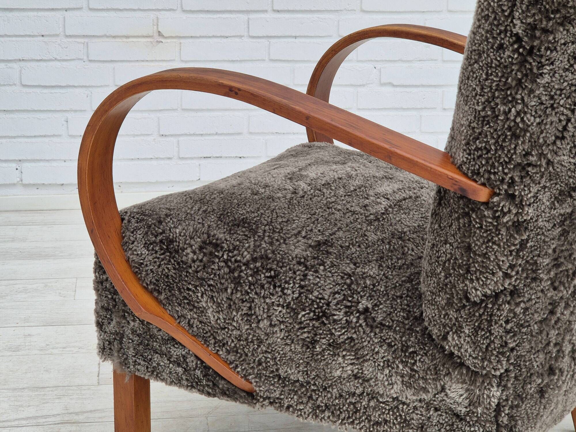 1950s, Danish design, reupholstered armchair, genuine sheepskin "Wellington".