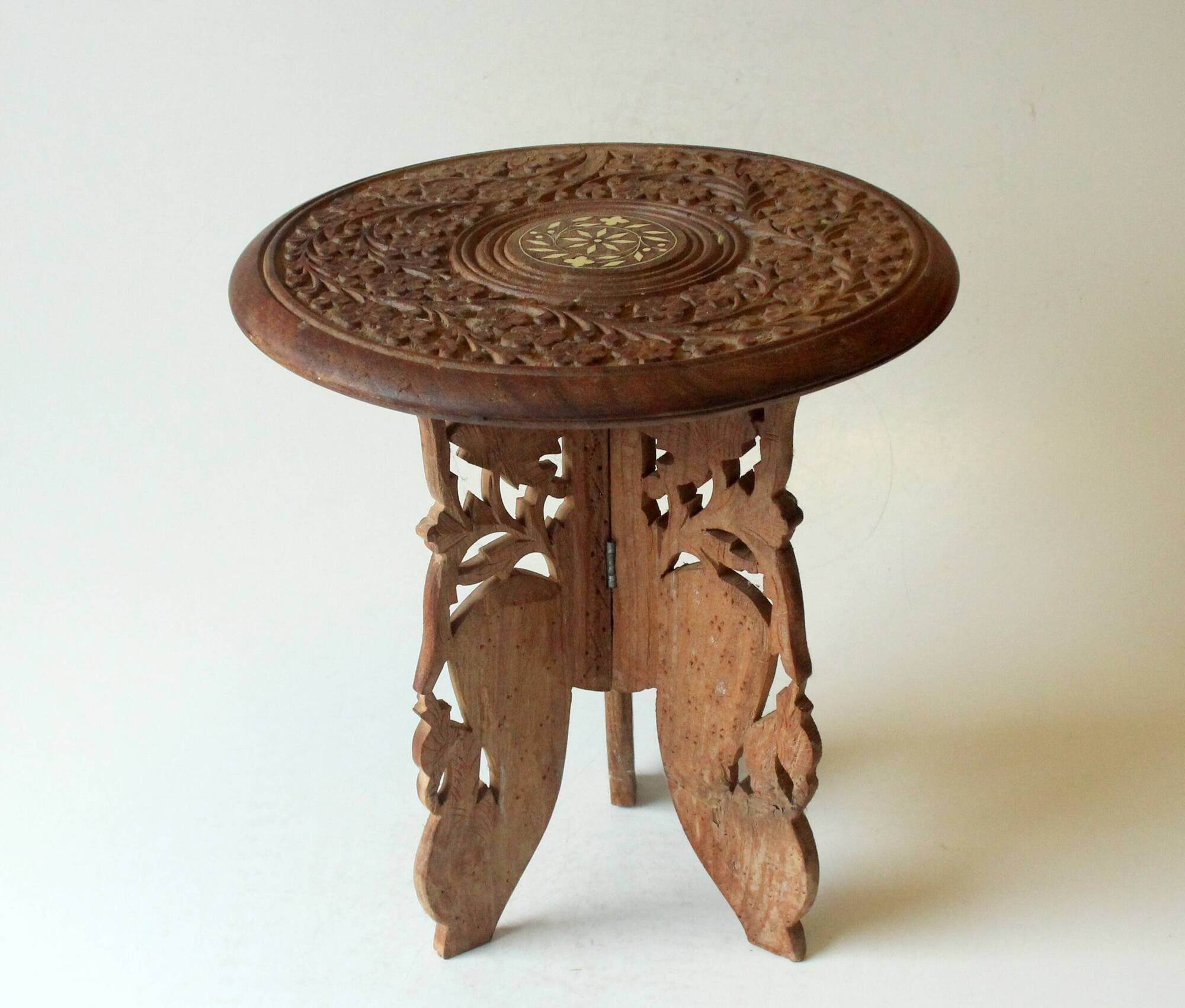 Handmade hand carved wooden plant stand, vintage from the 1970s