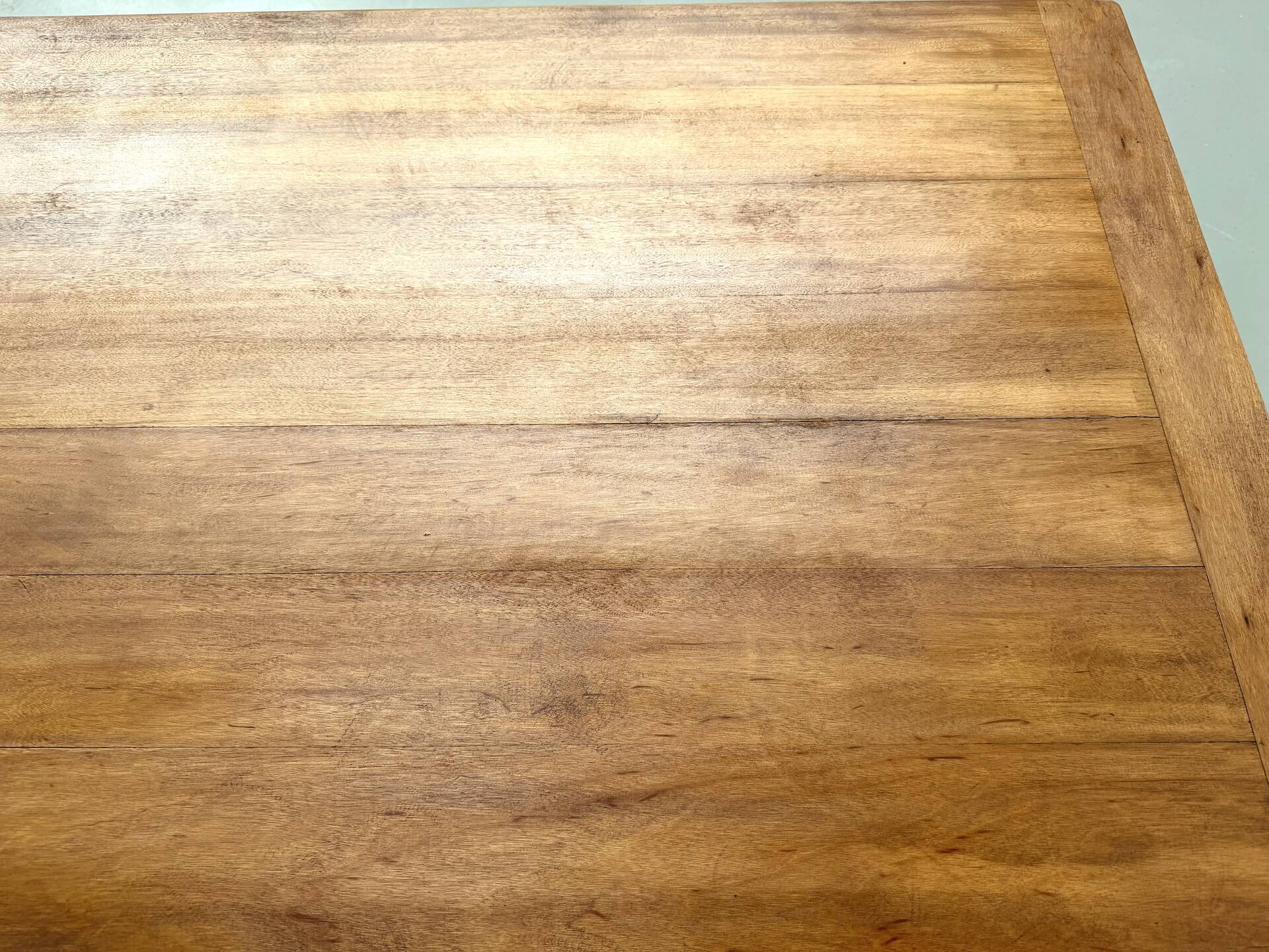 Large modernist farmhouse table in solid beech, thick dowelled top.