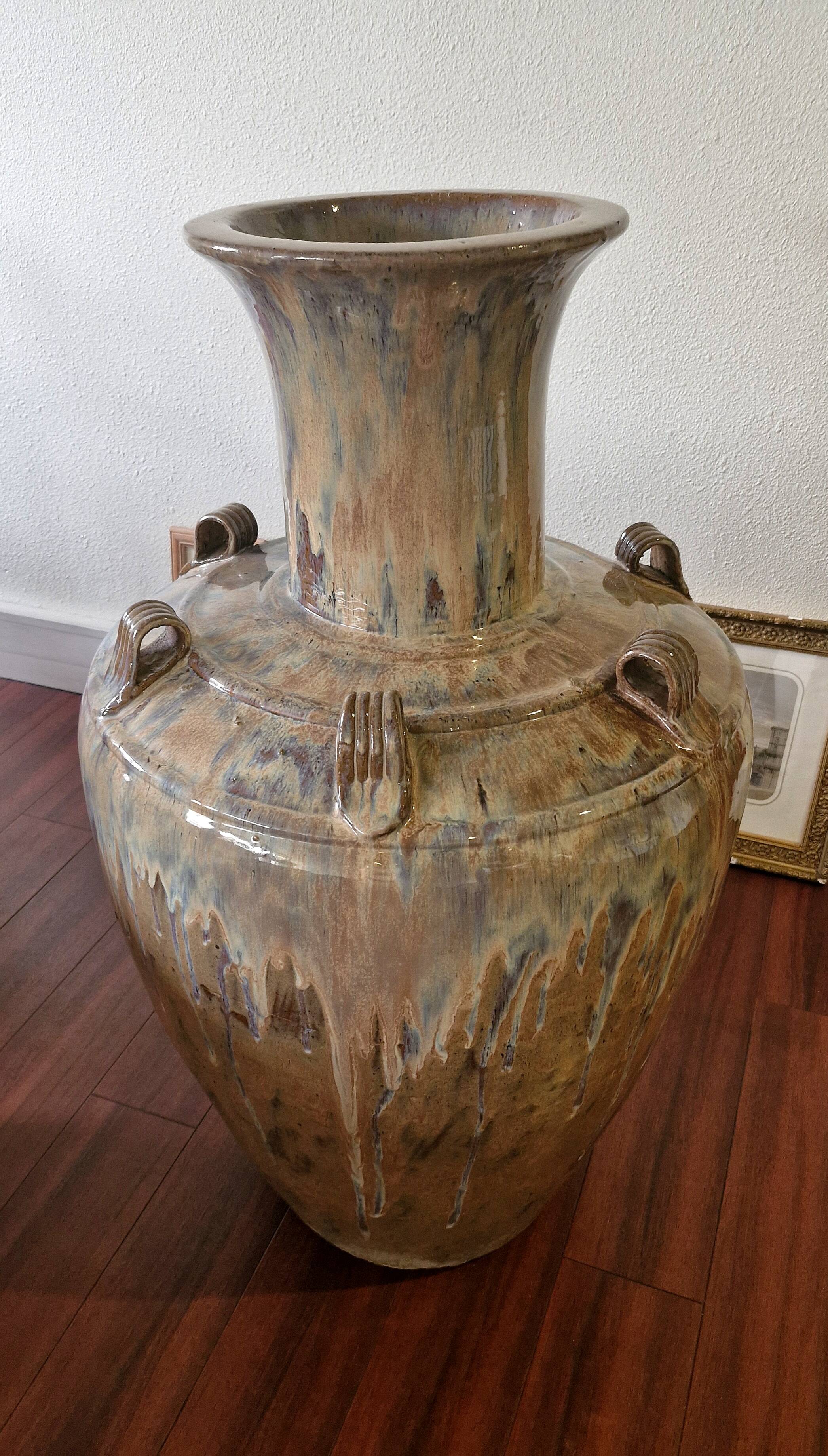 Large handled jar in glazed terracotta