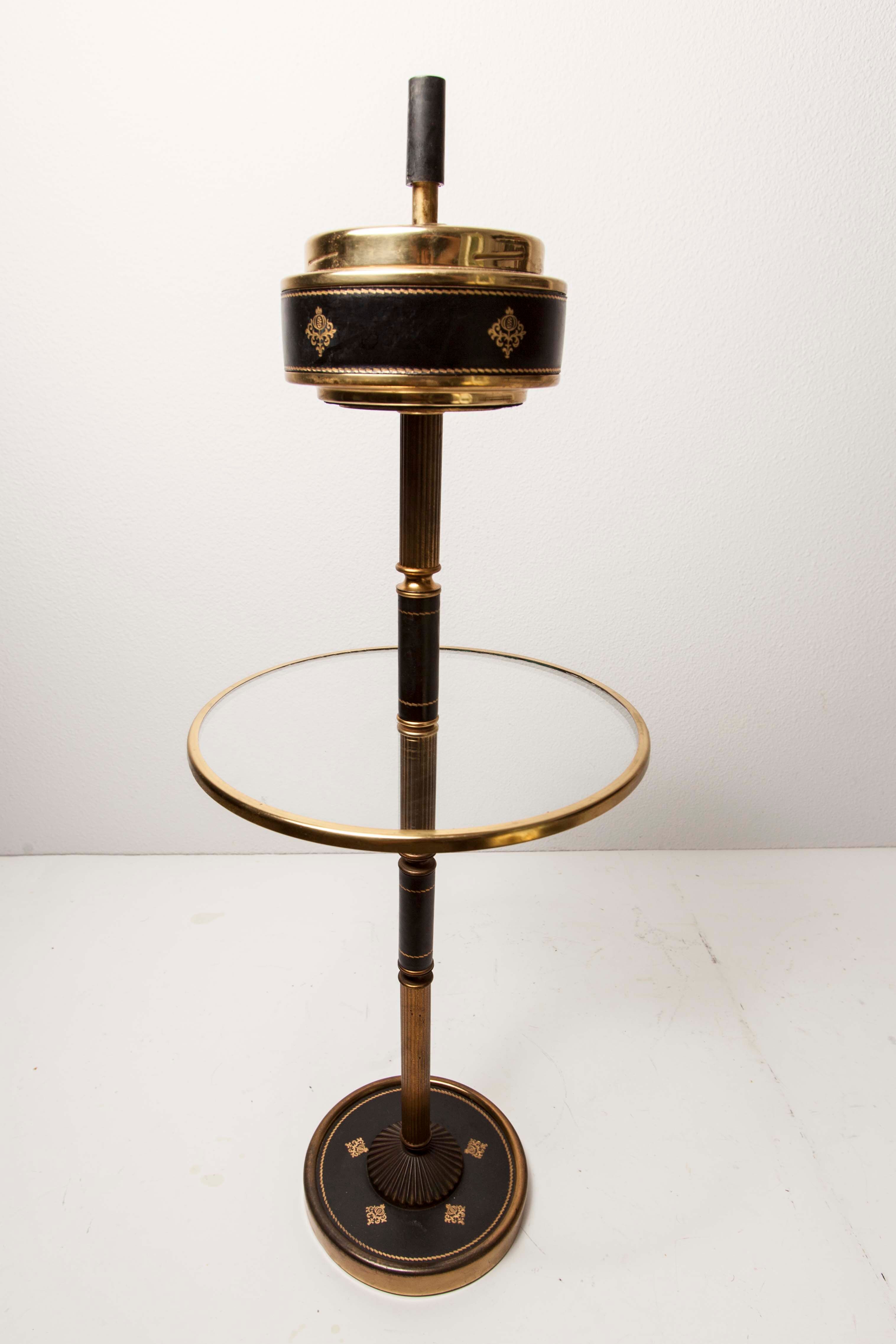 Ashtray on feet 60s gold, glass and leather