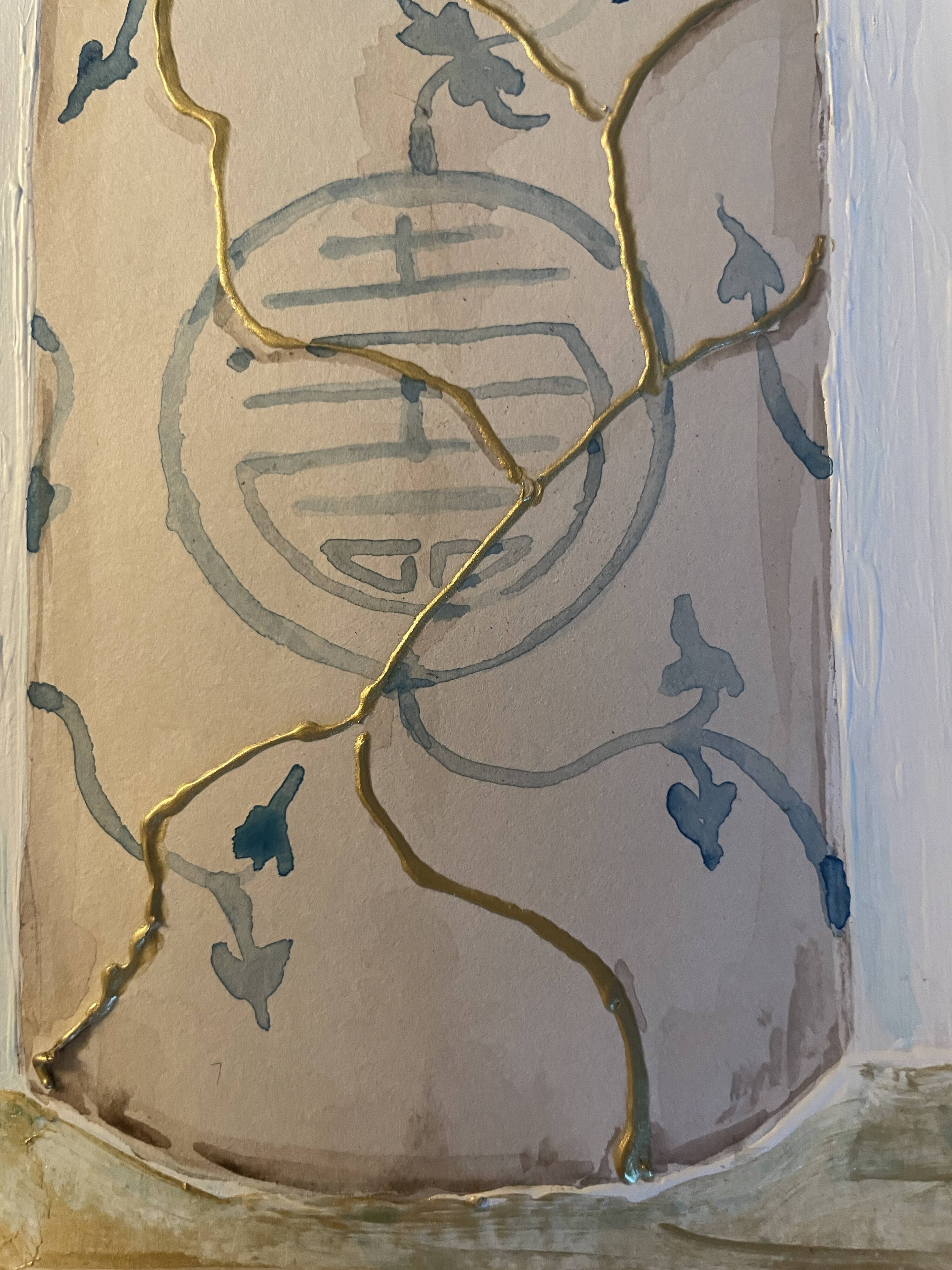 Painting signed “Japanese Kintsugi vase” mixed media + iridescent gold