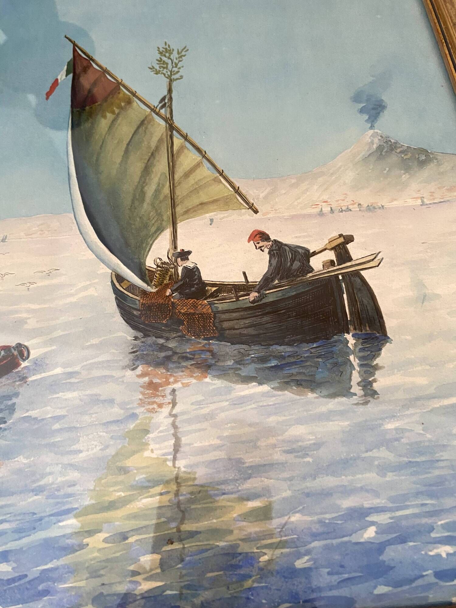 Painting "Sicilian Fishermen" framed under glass.