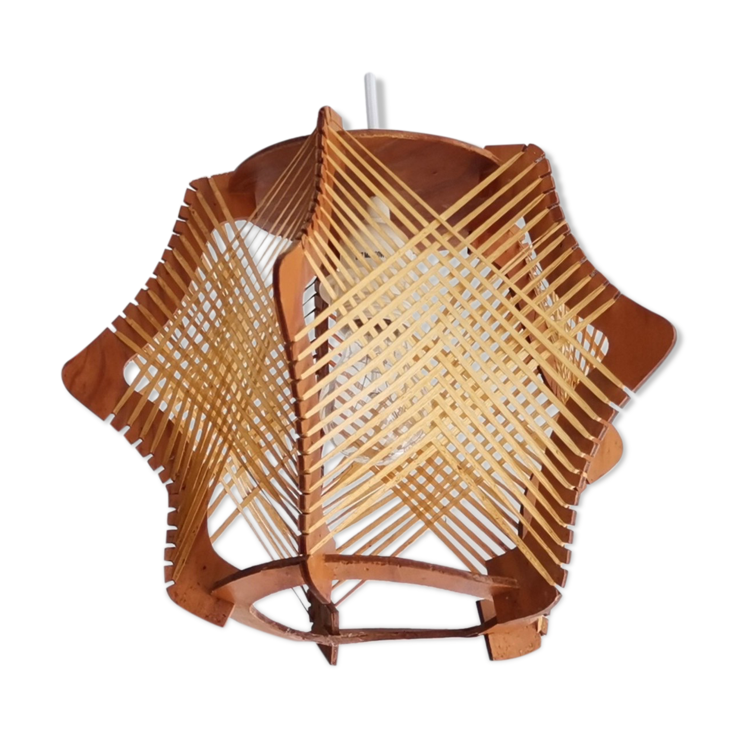 Vintage 1960s wood and straw wooden ceiling hanging lamp