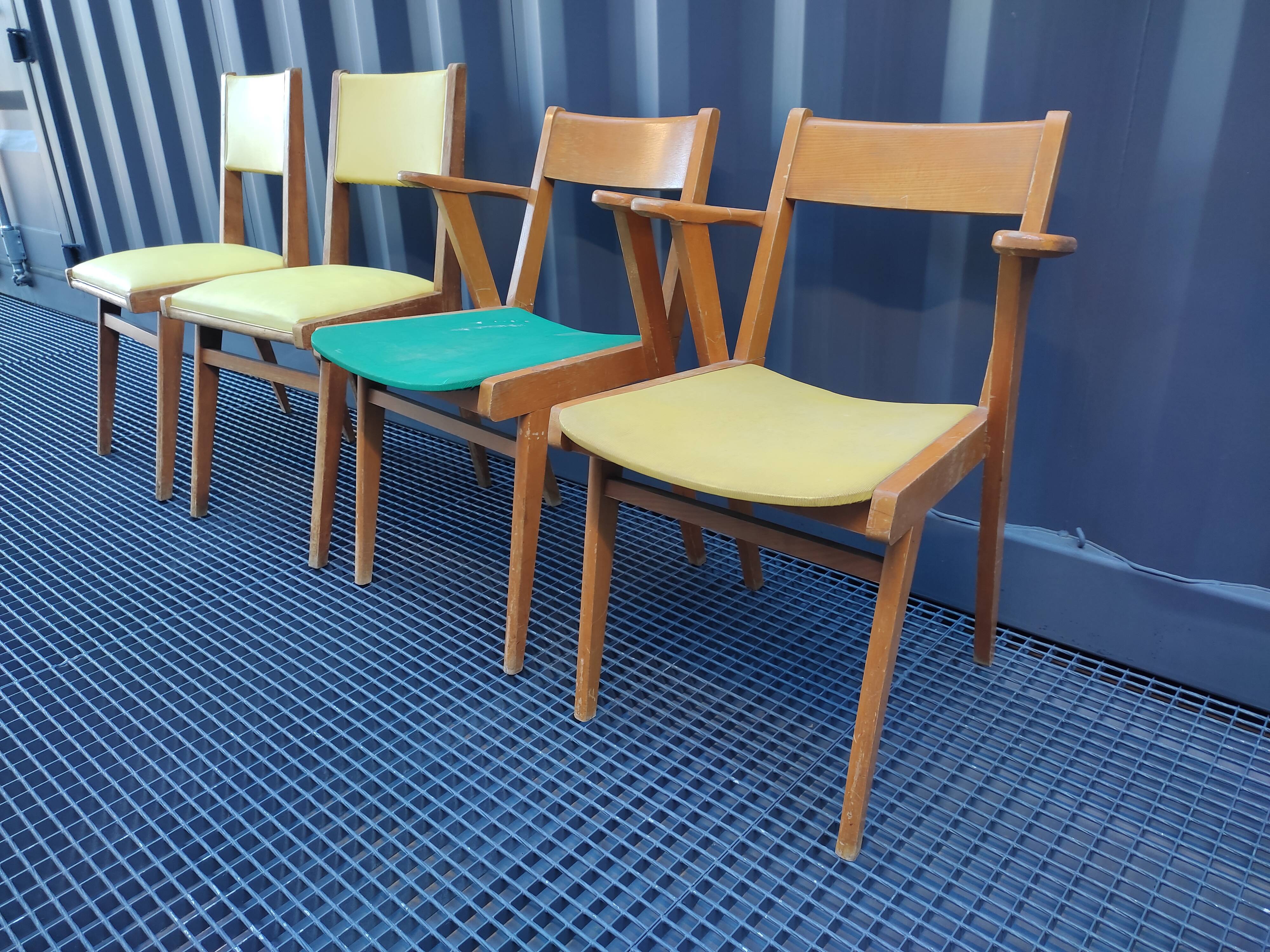 2 armchairs, 2 chairs 50s wooden