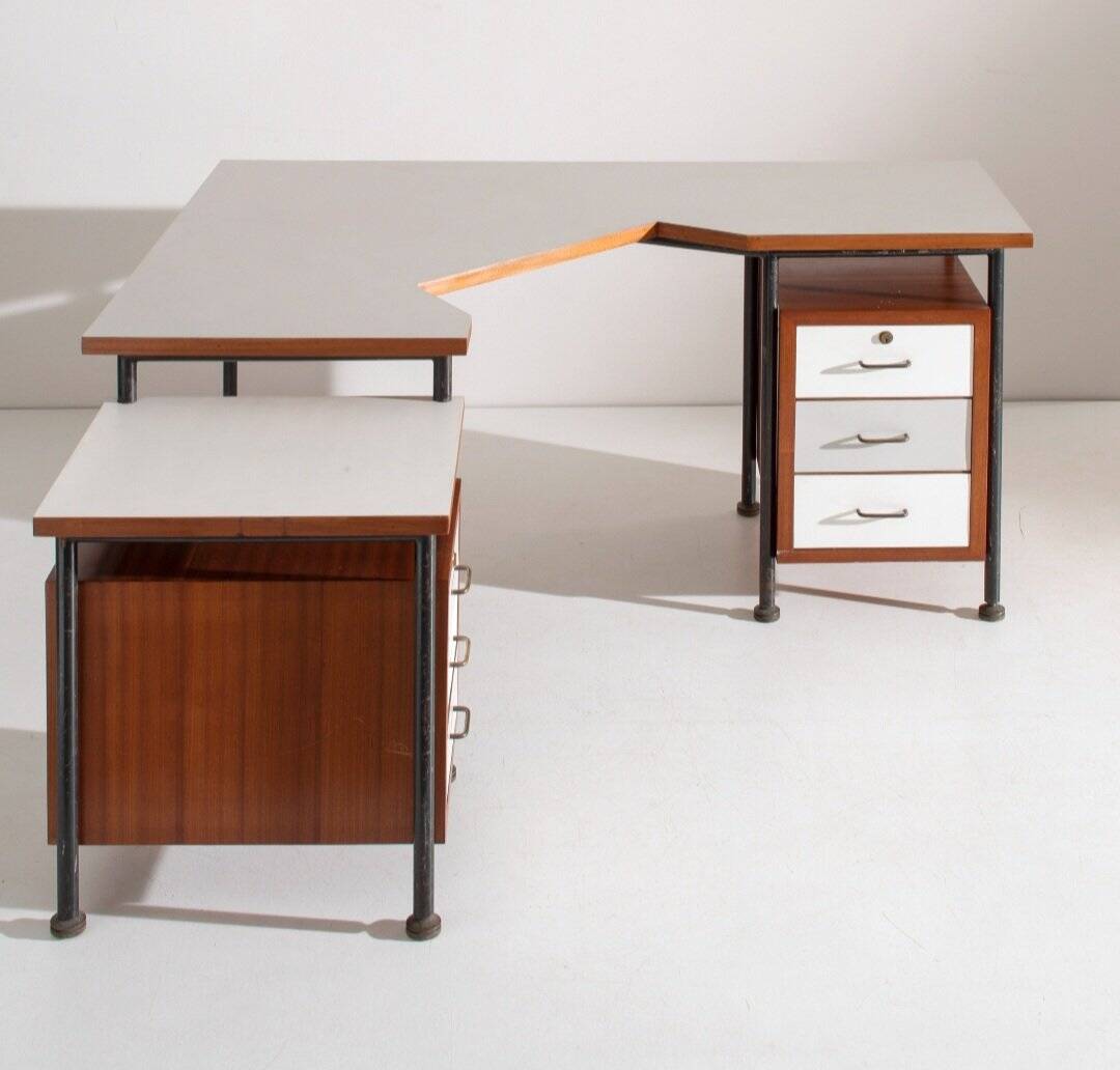 Corner Desk in Painted Metal, Wood, Formica, and Brass by Sergio Coradeschi, 1950s