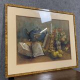 Grease pencil painting of objects on a flowery entablature