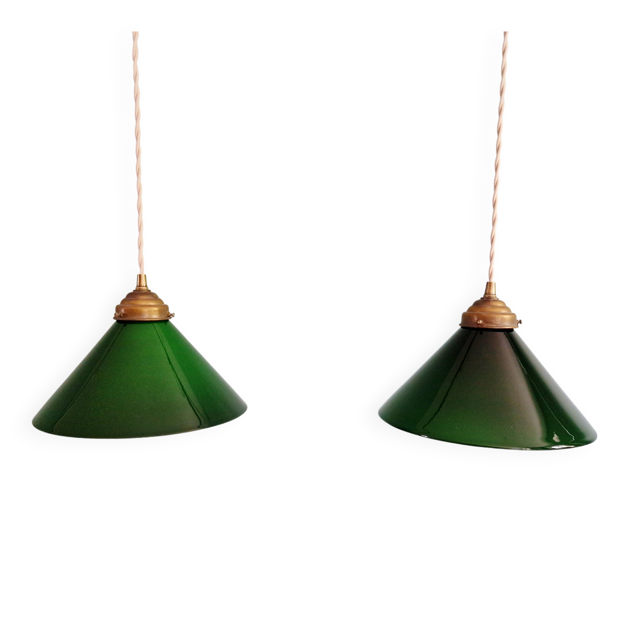Pair of conical green opaline pendant lights, Art Deco style