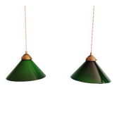 Pair of conical green opaline pendant lights, Art Deco style