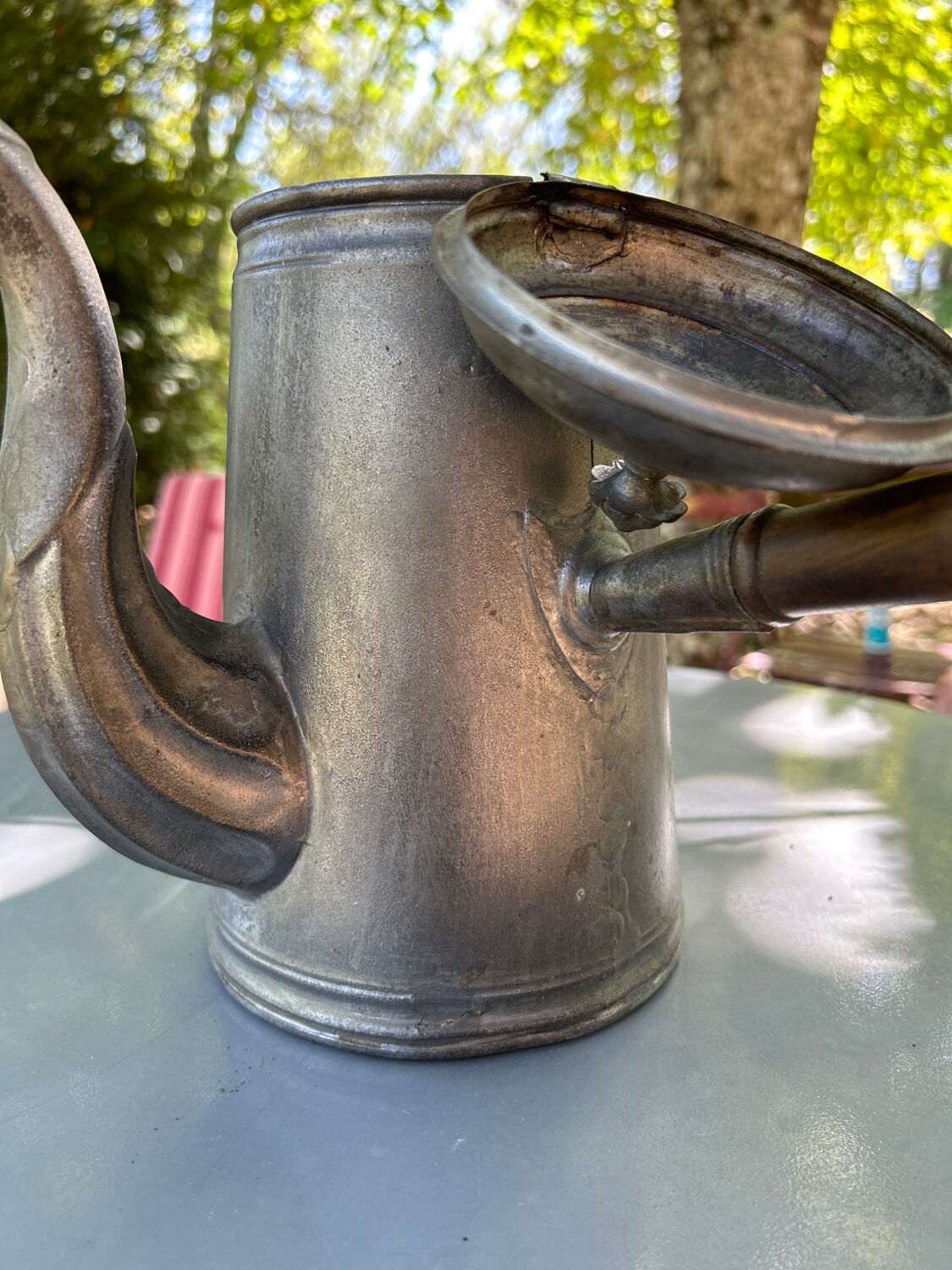 Tin coffee maker or kettle and wooden handle