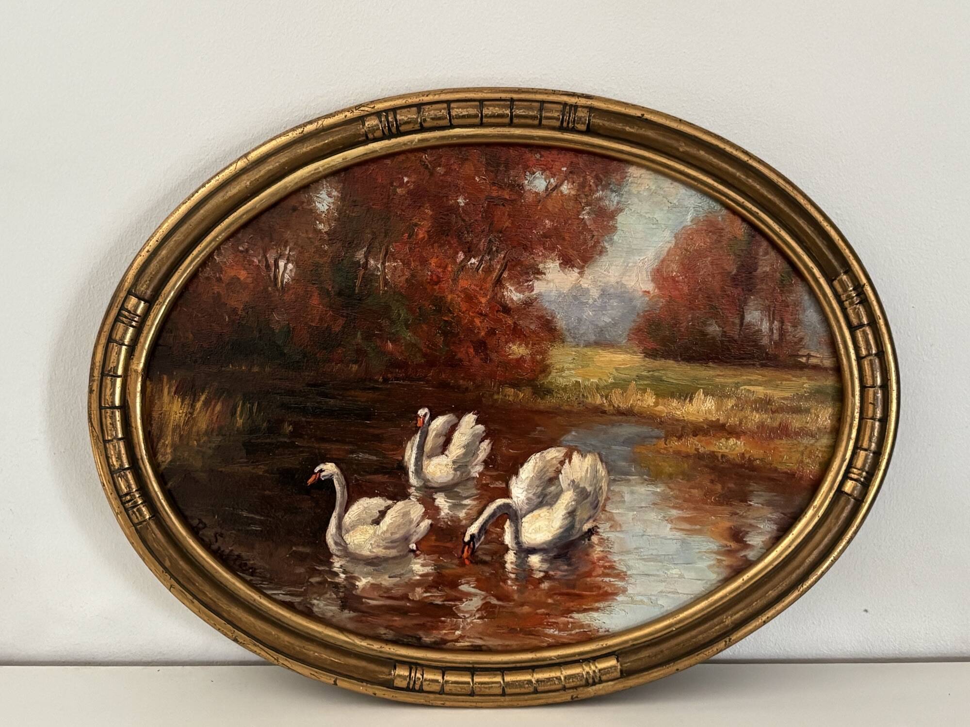 Tableau ancien les cygnes par vers 1920 par R Lutter