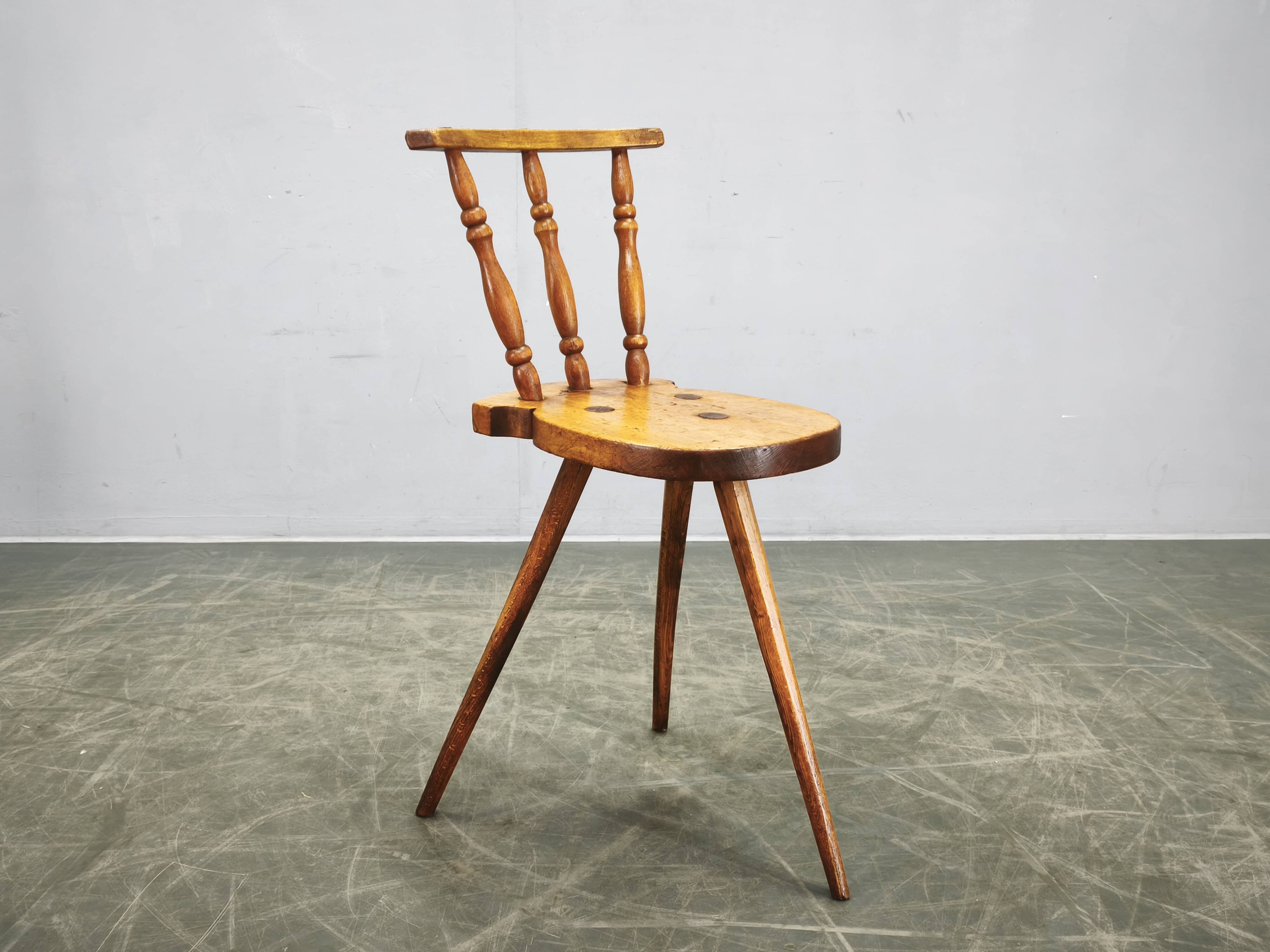 Primitive Solid Beech Folk Chair, Czechoslovakia, 1940s