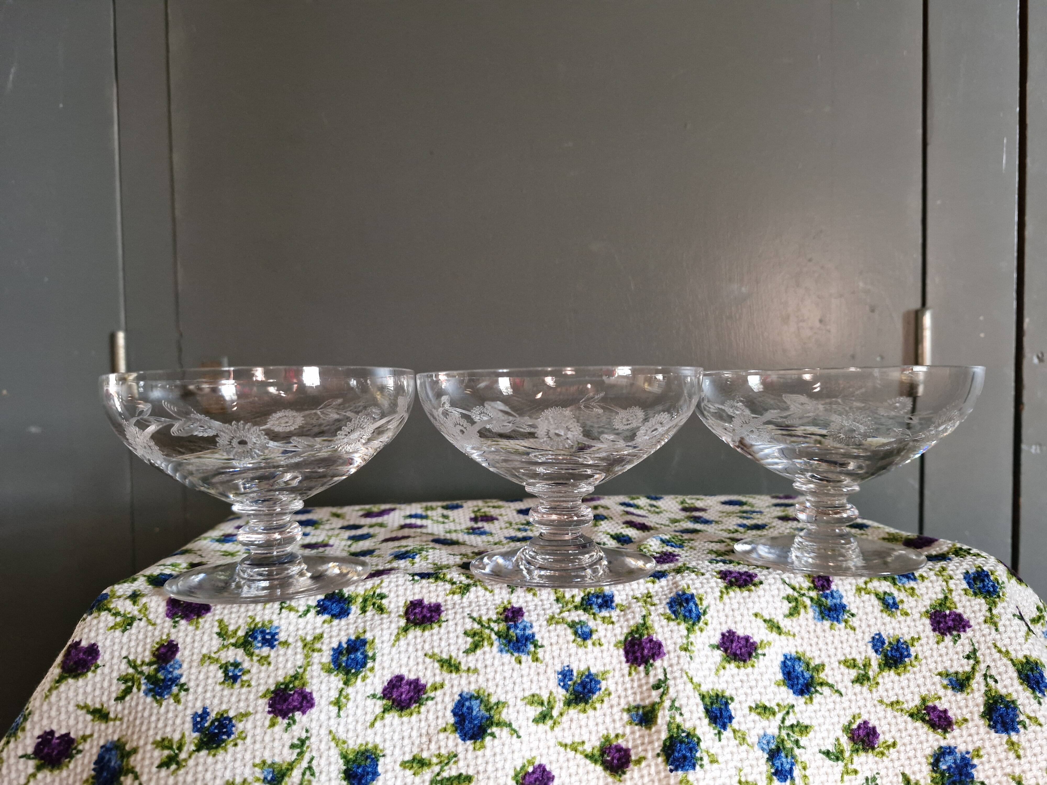 3 Art Deco Champagne Coupes in Engraved Crystal with Daisies