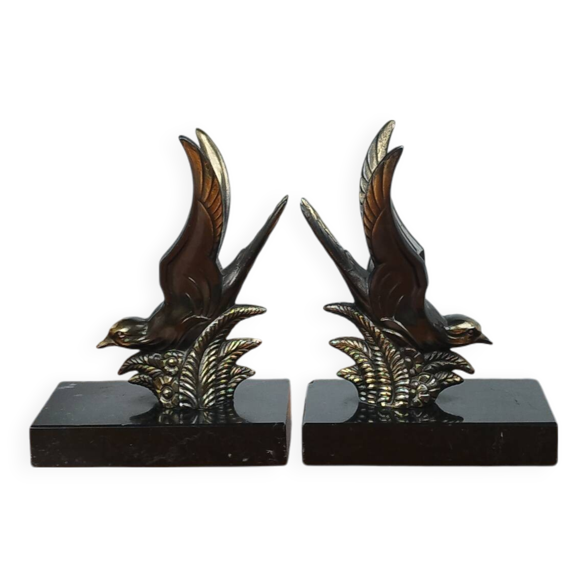 Pair of Art Deco Bookends of Swallows in Flight, Marble & Spelter