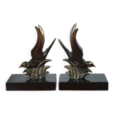 Pair of Art Deco Bookends of Swallows in Flight, Marble & Spelter