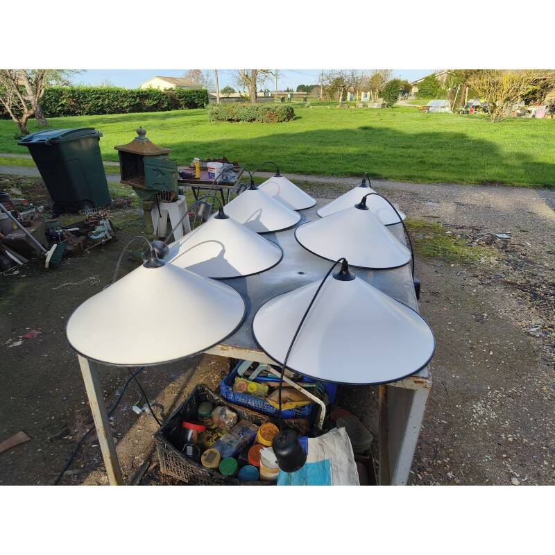 Set of 7 industrial enamelled metal pendant lights