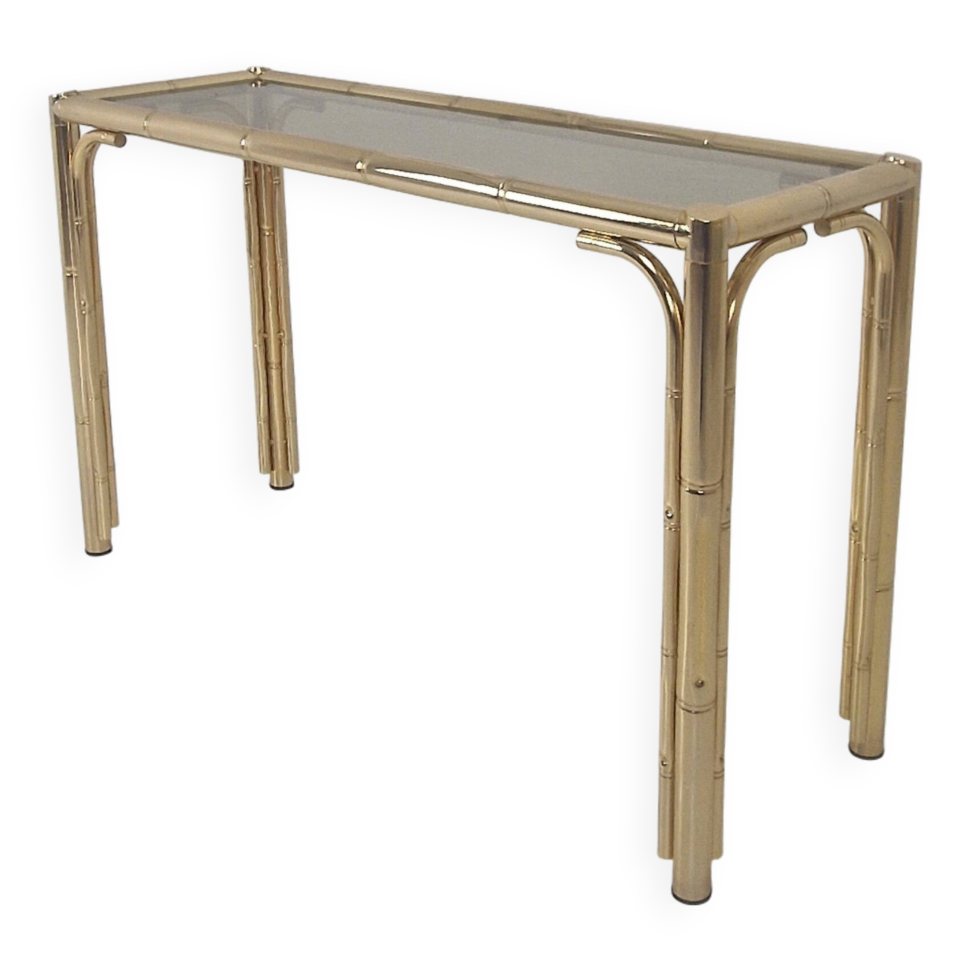 Italian Rectangle Side Table in Brass Bamboo and Smoked Glass, 1970s