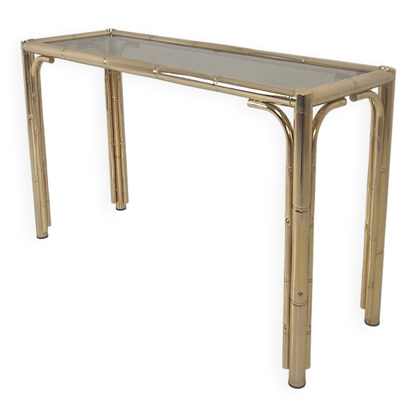 Table d'appoint rectangulaire italienne en laiton, bambou et verre fumé, années 1970