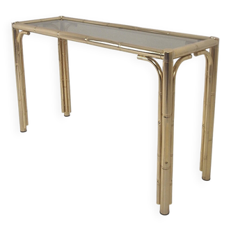 Italian Rectangle Side Table in Brass Bamboo and Smoked Glass, 1970s
