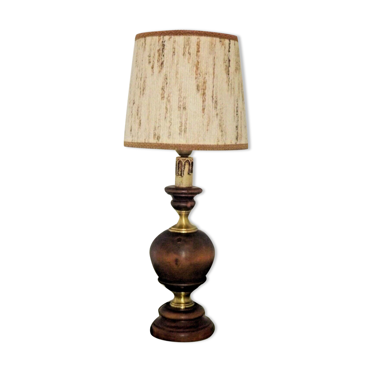 French Mid Century Round Lamp in Turned Wood and Gold Metal Beige Fabric Shade 3625