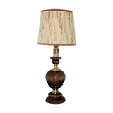 French Mid Century Round Lamp in Turned Wood and Gold Metal Beige Fabric Shade 3625