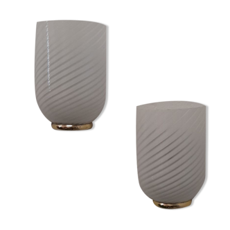 Pair of 80s wall lamps, striped Murano glass and brass