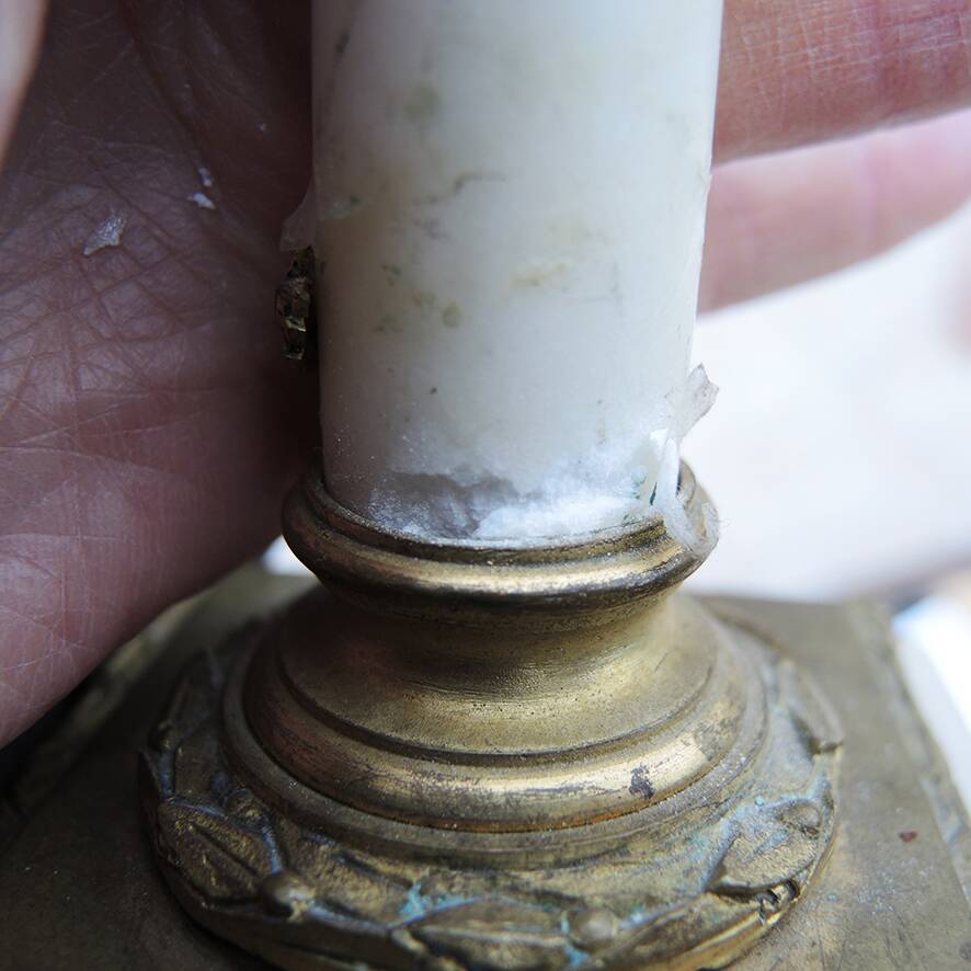 2 antique column candle holders in white marble and brass