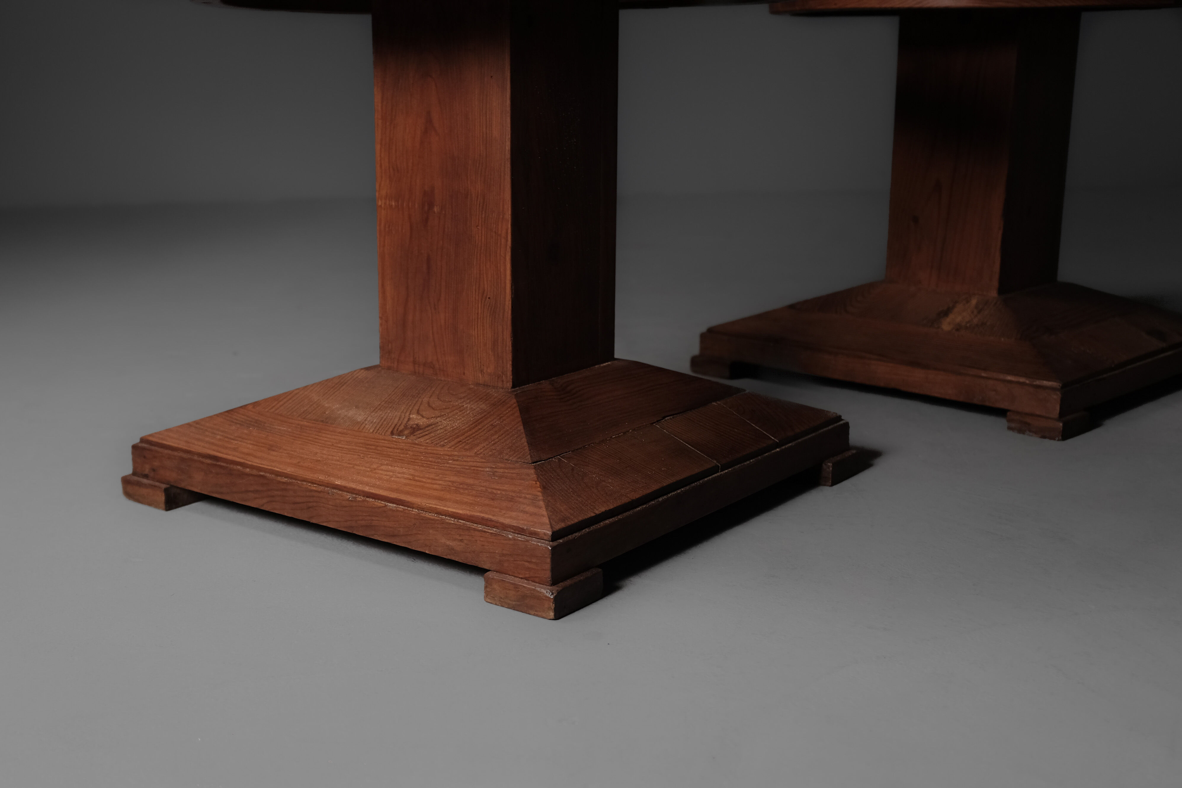 Pair of modernist solid pine pedestal tables, circa 1950