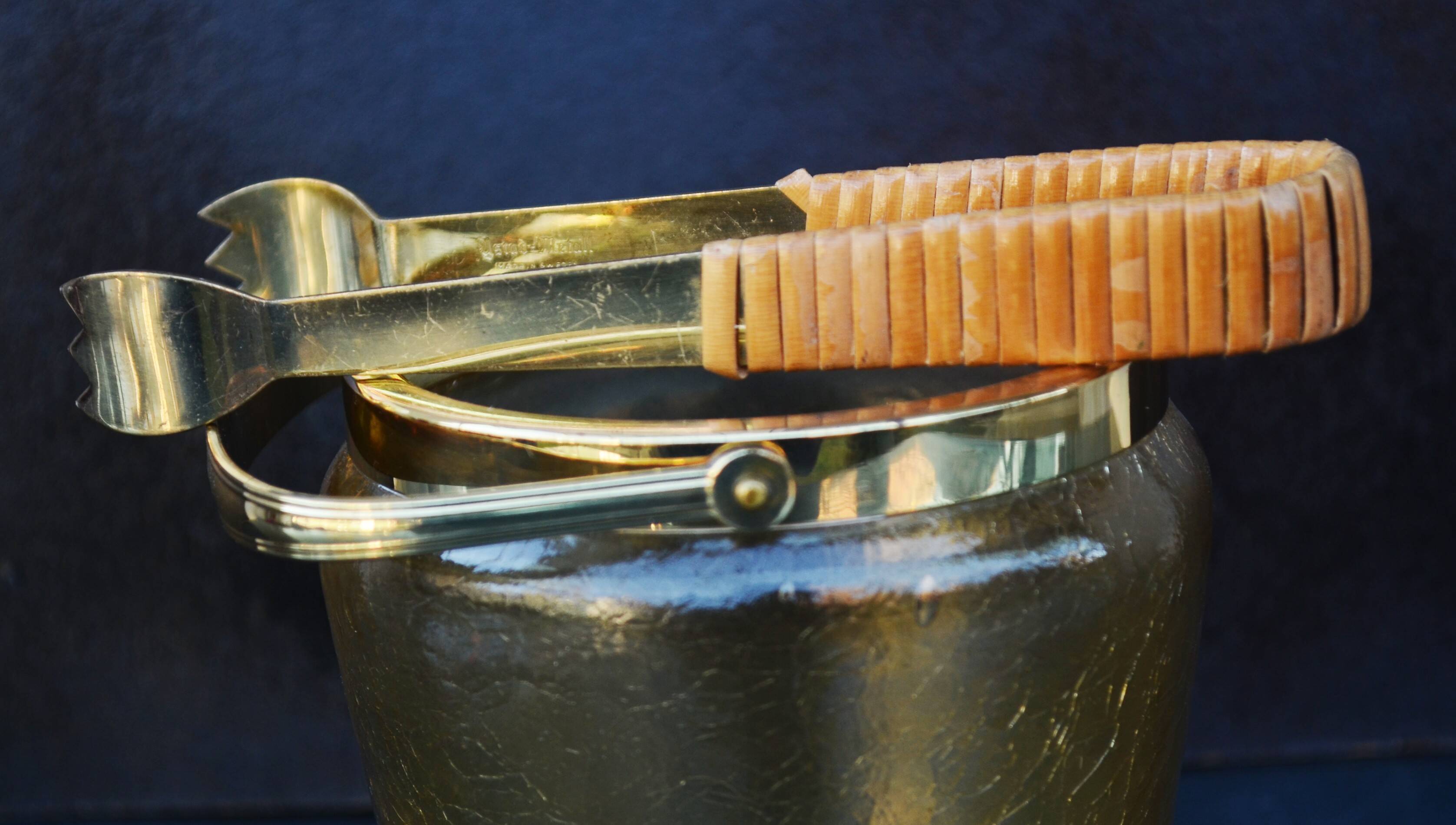 Mid Century Crackle Amber Glass Ice Bucket WMF With Ratan Handle