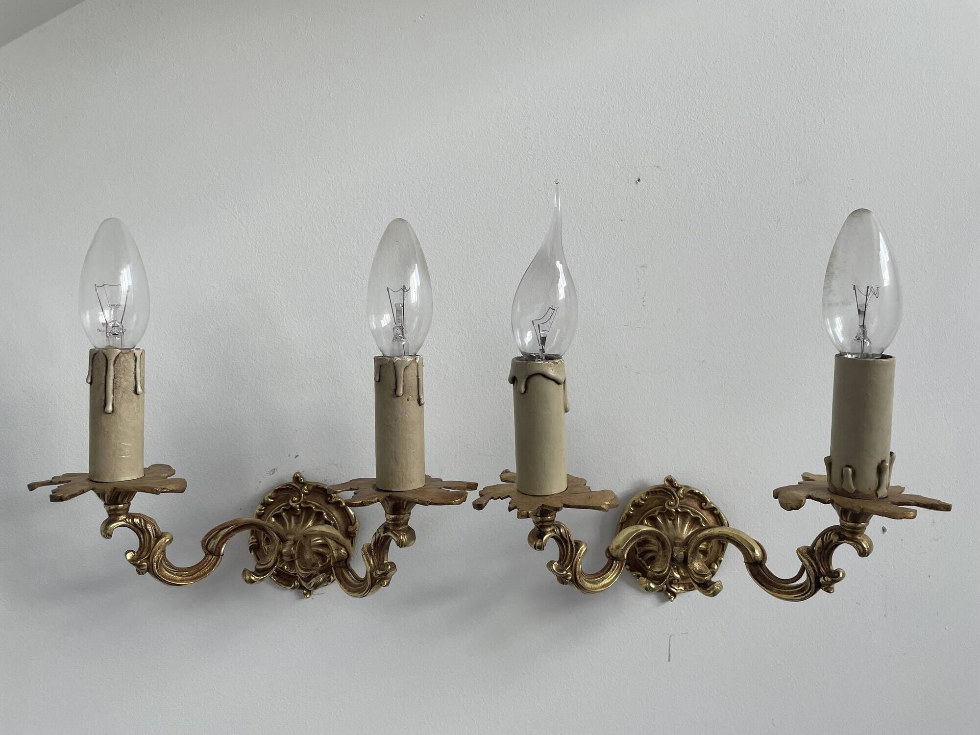 Pair of antique wall lamps in gilded metal - two lights - early XXth