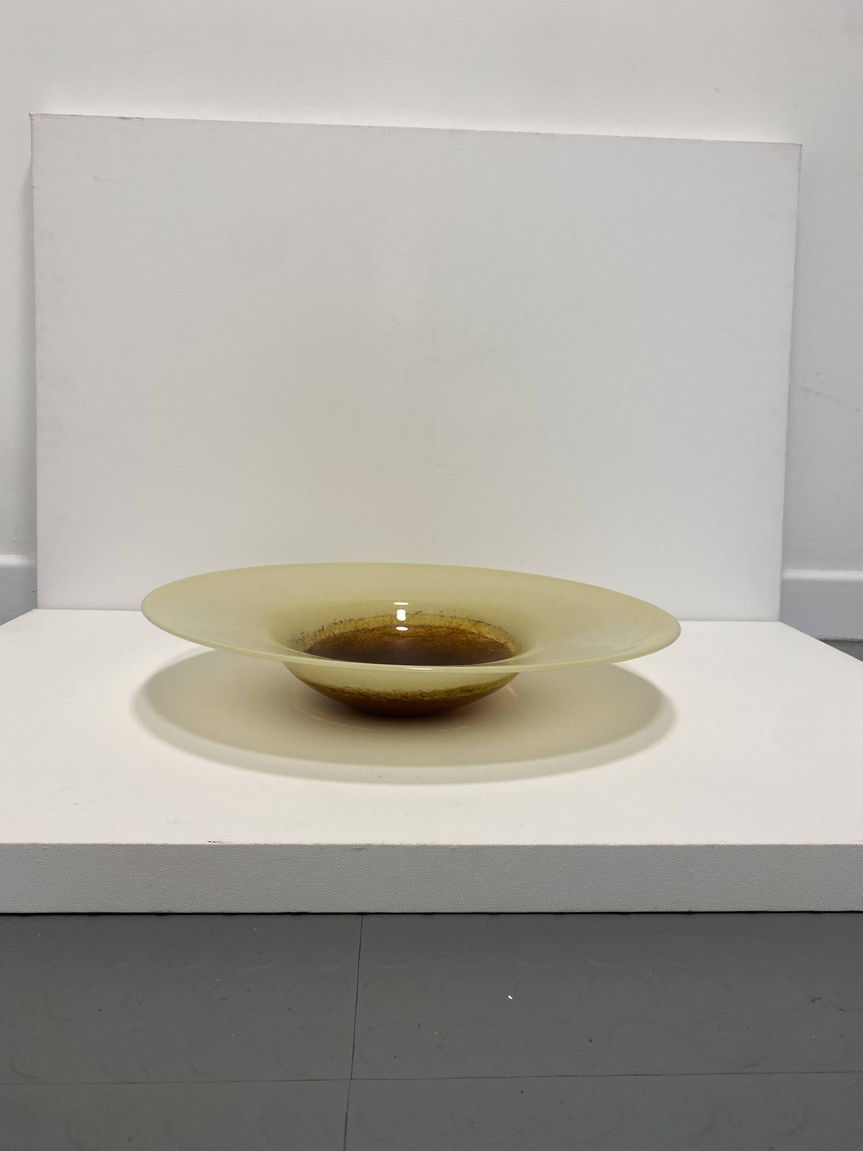 XL Murano Glass Round Fruit Bowl Table Plate Yellow Brown Italian Vintage