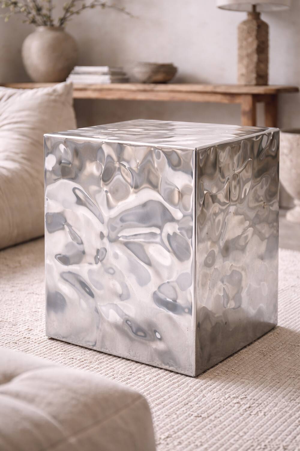 Sculptural Stainless Steel Cube Side Table
