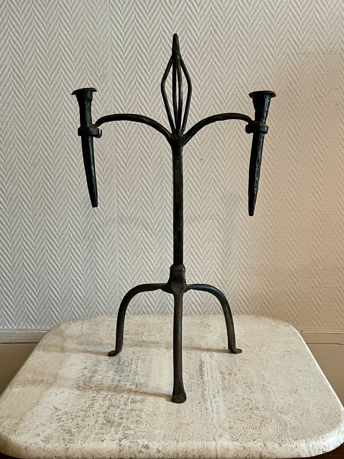Brutalist candlestick in struck steel 1980