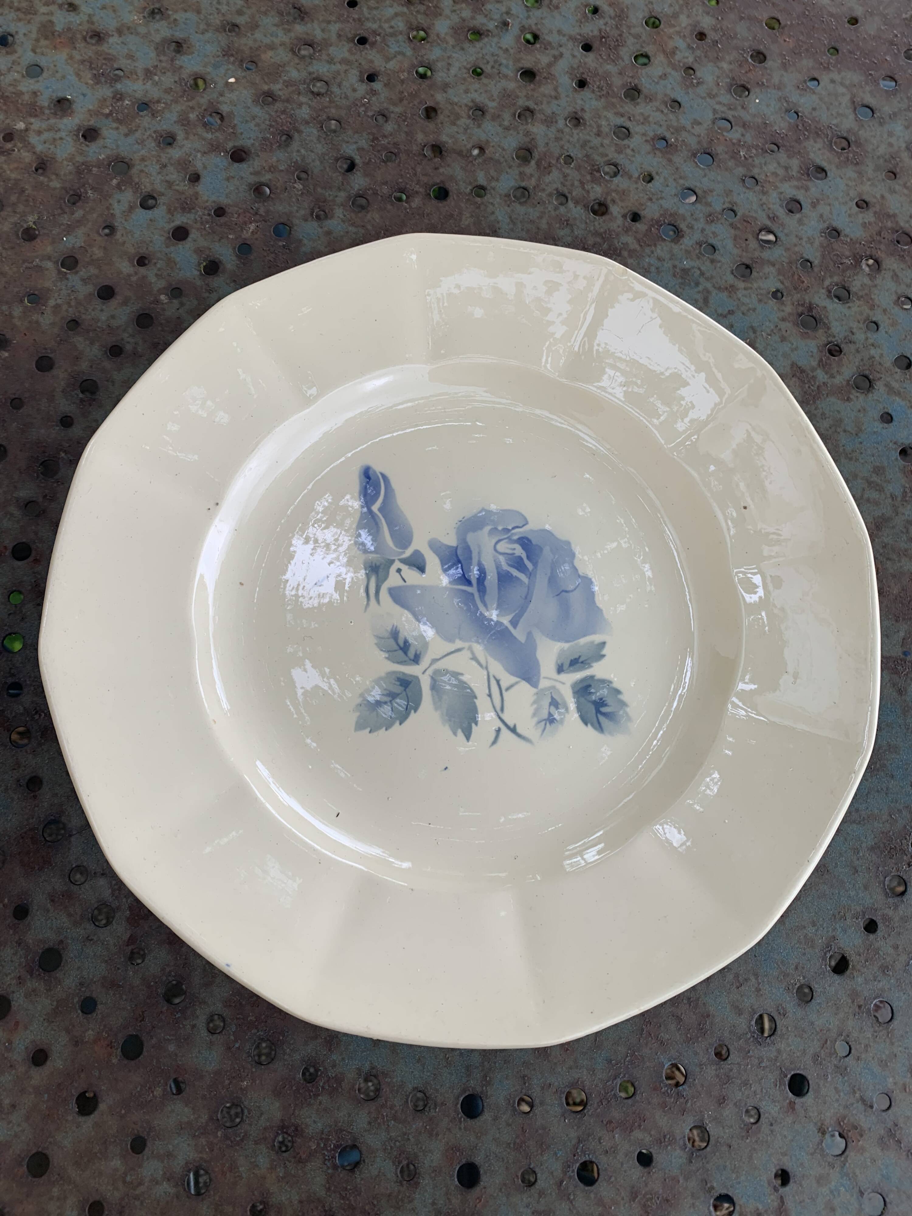 Digoin France cake dish with antique blue rose pattern