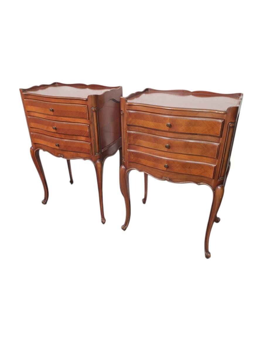 Pair of Louis XV style bedside tables in cherry wood marquetry.