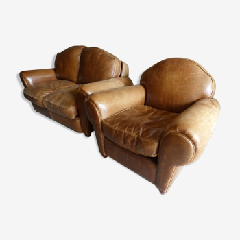 Ensemble canapé cuir 2 places et fauteuil
