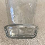 Small carafe in blown cut glass with engraved decoration of vine leaves and grapes, threaded stopper