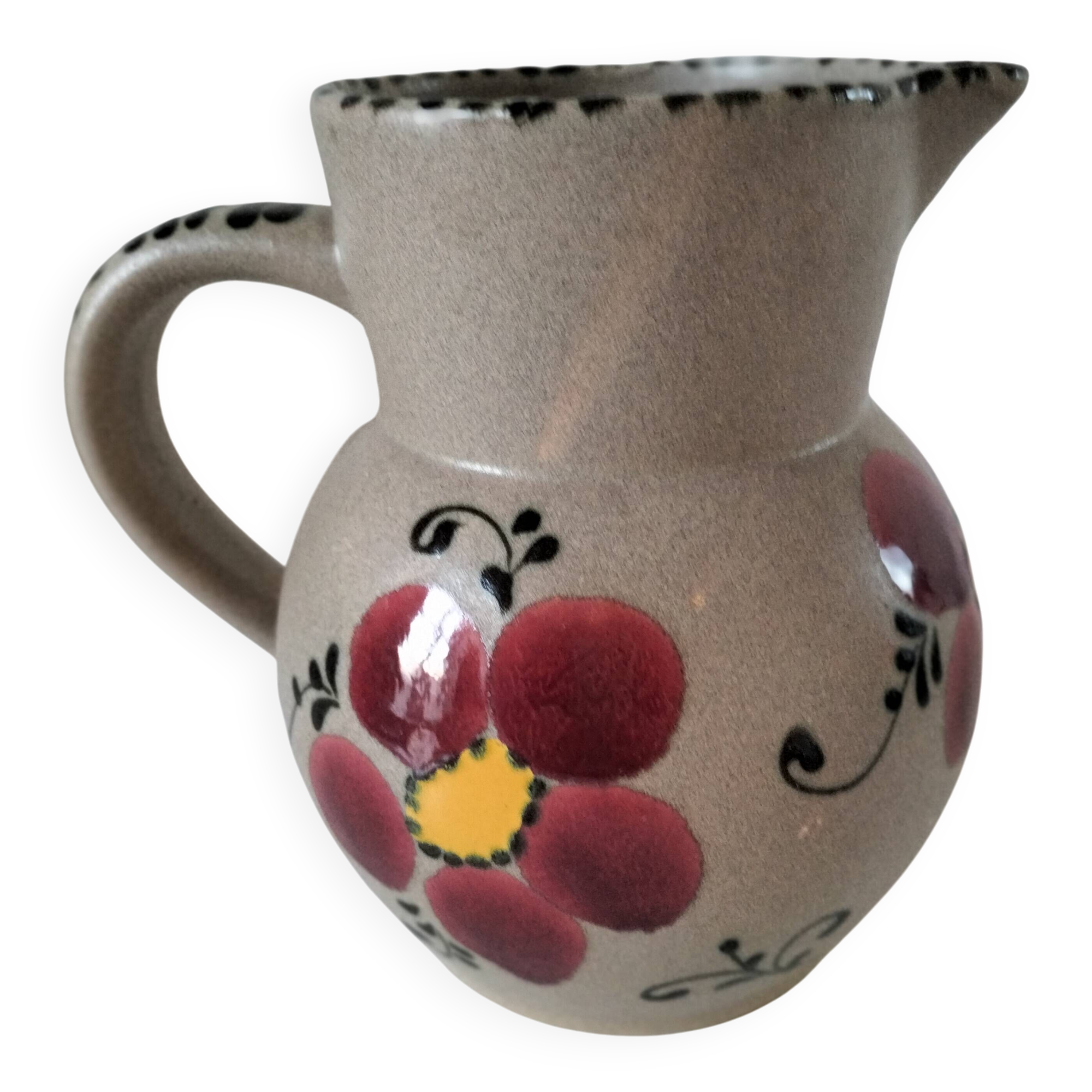 Vintage stoneware pitcher with hand-painted floral decoration, 1960s–70s