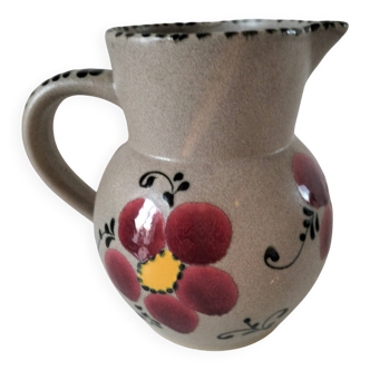 Vintage stoneware pitcher with hand-painted floral decoration, 1960s–70s