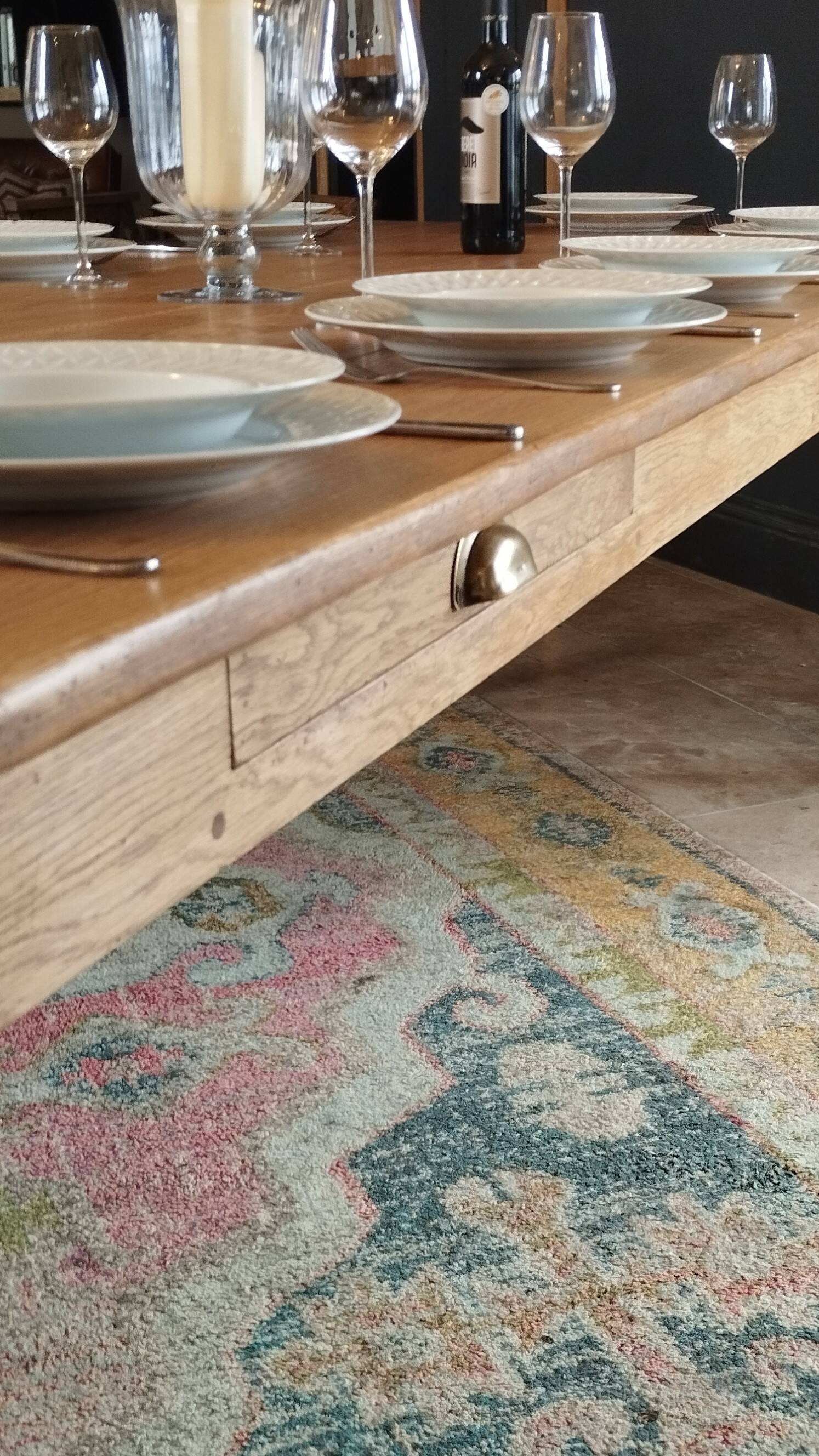 Solid oak farmhouse table, gilded and patinated, two drawers, 260 x 100 cm