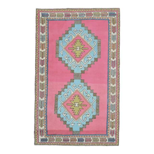 1970s vintage Turkish hand-knotted wool cotton pink area rug 128x208